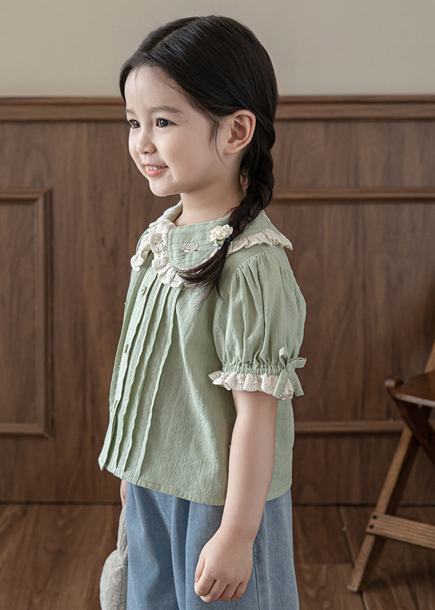 Chic Green Peter Pan Collar Print Button Kids Top Summer SS1027