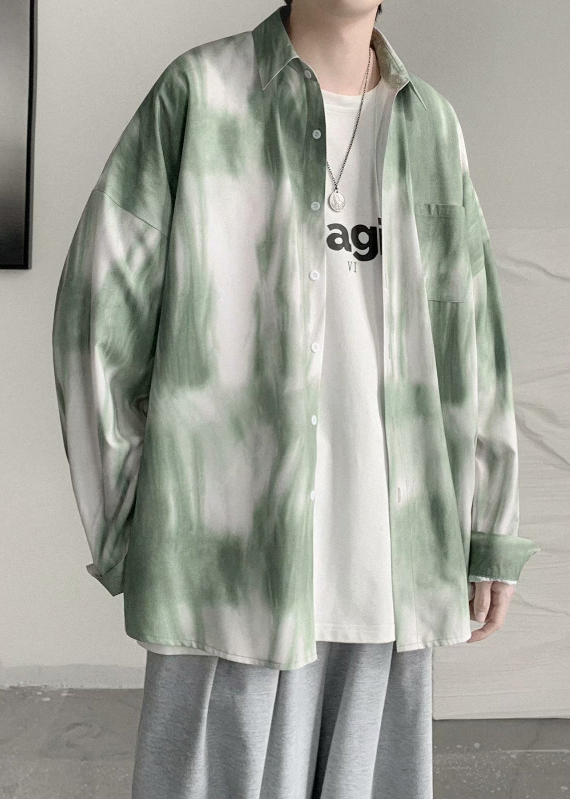 Shirts Men Pan Spring Cotton Tie Chic Peter Collar Green Dye