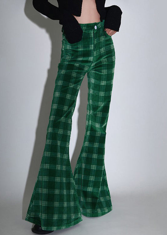 Chic Green Plaid Pockets Corduroy Flare Bottoms Spring Ada Fashion