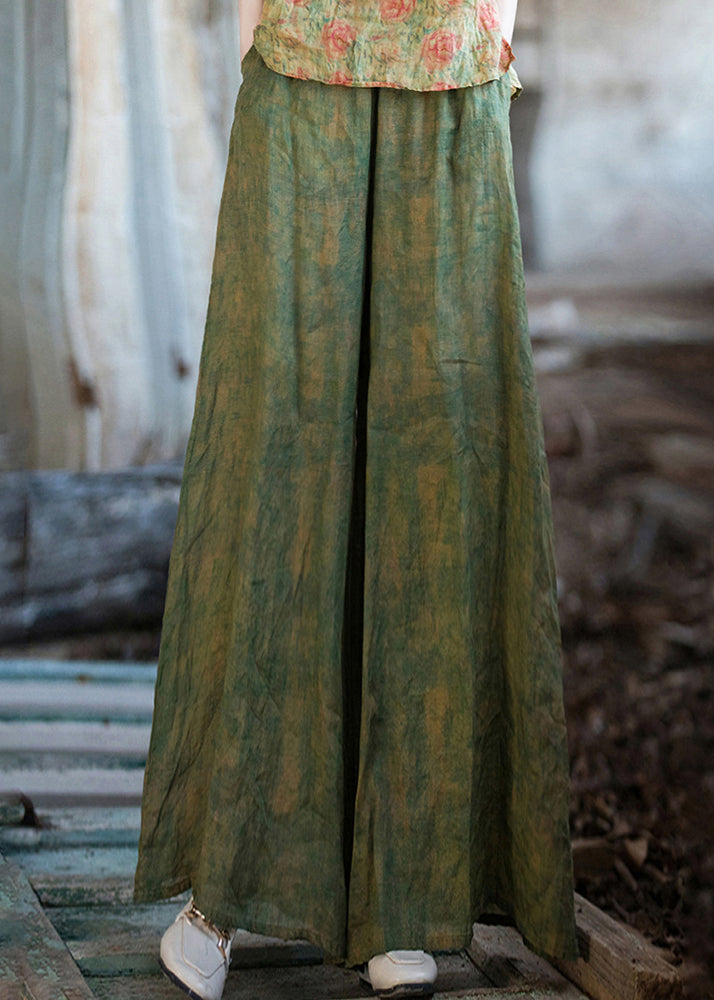 Chic Green Print Pockets Linen Wide Leg Pants Summer G187