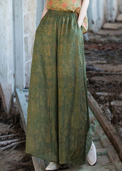 Chic Green Print Pockets Linen Wide Leg Pants Summer G187