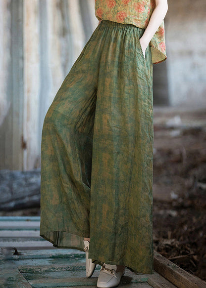 Chic Green Print Pockets Linen Wide Leg Pants Summer G187