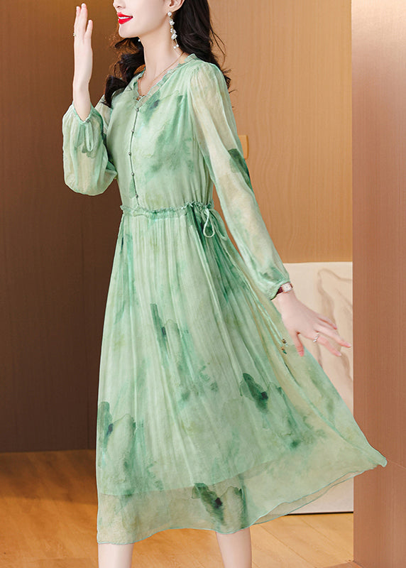 Robe chic en mousseline de soie à lacets et imprimé volants vert été BB034