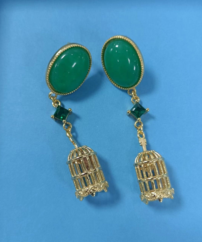 Boucles d'oreilles pendantes en forme de cage à oiseaux creuses en argent sterling vert chic surdoré QQ065