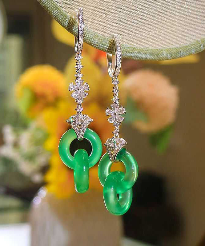 Boucles d'oreilles pendantes chics en argent sterling et jade vert zircon AC1078