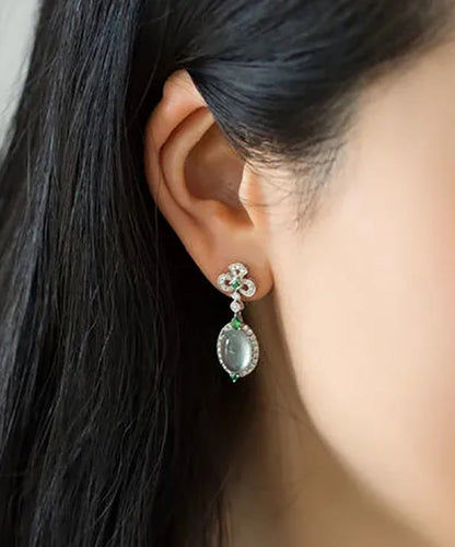 Chic Green Sterling Silver Zircon Jade Stud Earrings AC1047