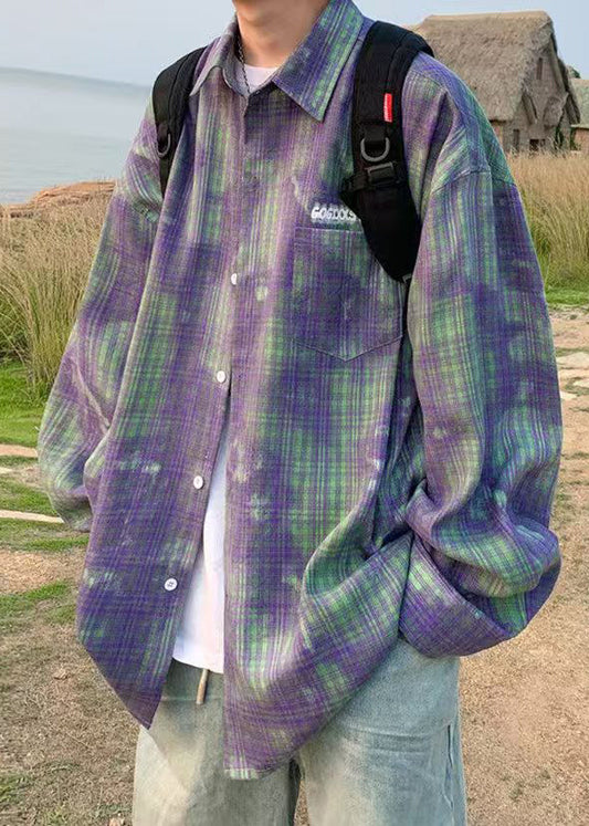 Spring Dye Shirts Tie Green Cotton Chic Oversized Men's Plaid
