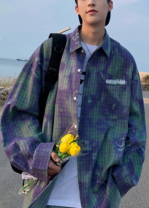 Spring Dye Shirts Tie Green Cotton Chic Oversized Men's Plaid