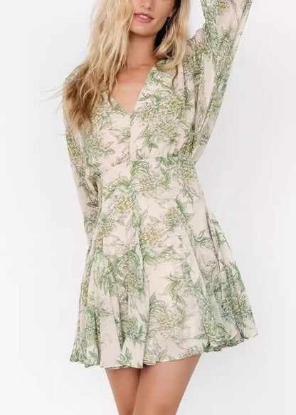 Chic Green V Neck Print Chiffon Mid Dress Long Sleeve AU1026