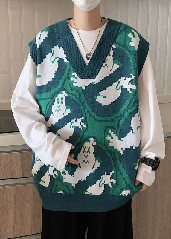 Chic Green V Neck Print Cozy Knit Men Waistcoat Sleeveless RJ031