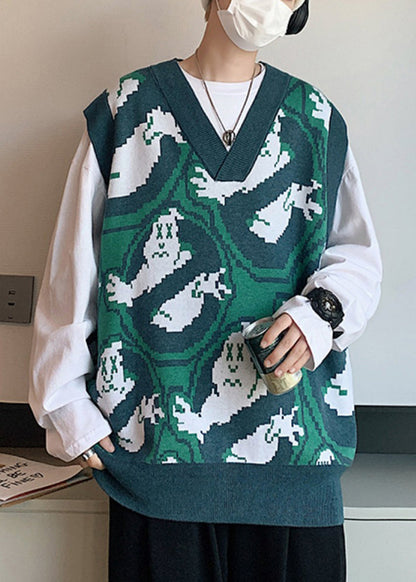 Chic Green V Neck Print Cozy Knit Men Waistcoat Sleeveless RJ031