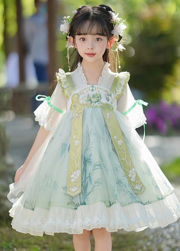Robe à volants chic patchwork V maxi mousseline verte pour enfant