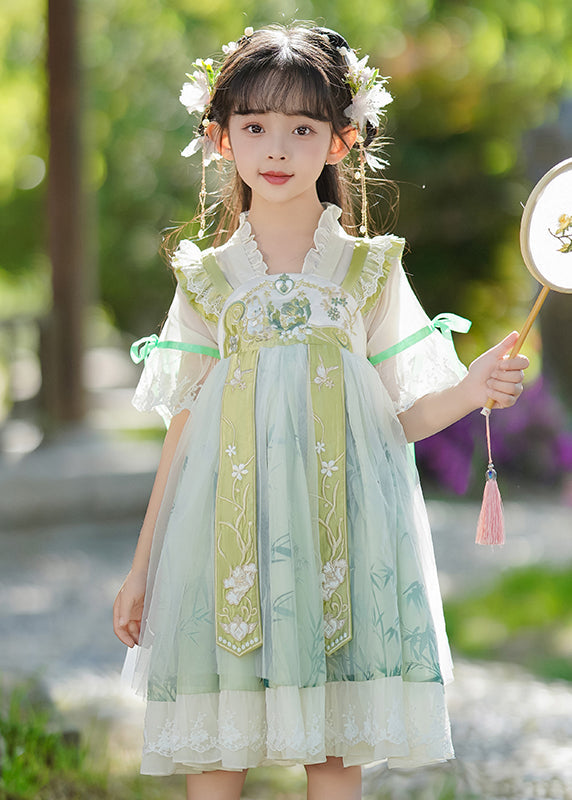 Robe à volants chic patchwork V maxi mousseline verte pour enfant