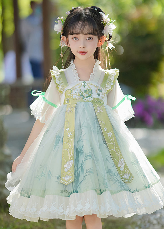 Robe à volants chic patchwork V maxi mousseline verte pour enfant