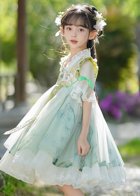 Robe à volants chic patchwork V maxi mousseline verte pour enfant