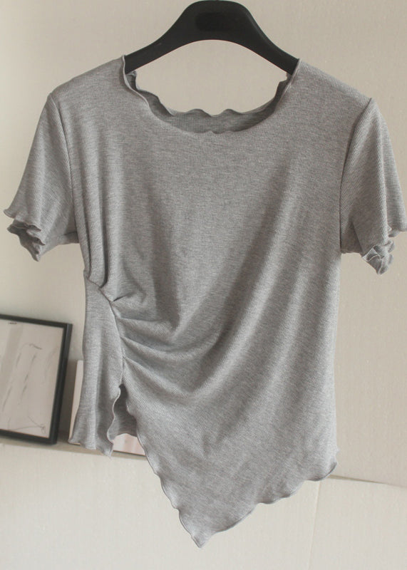 Chic Grey Asymmetrical Wrinkled Short Sleeve QB024