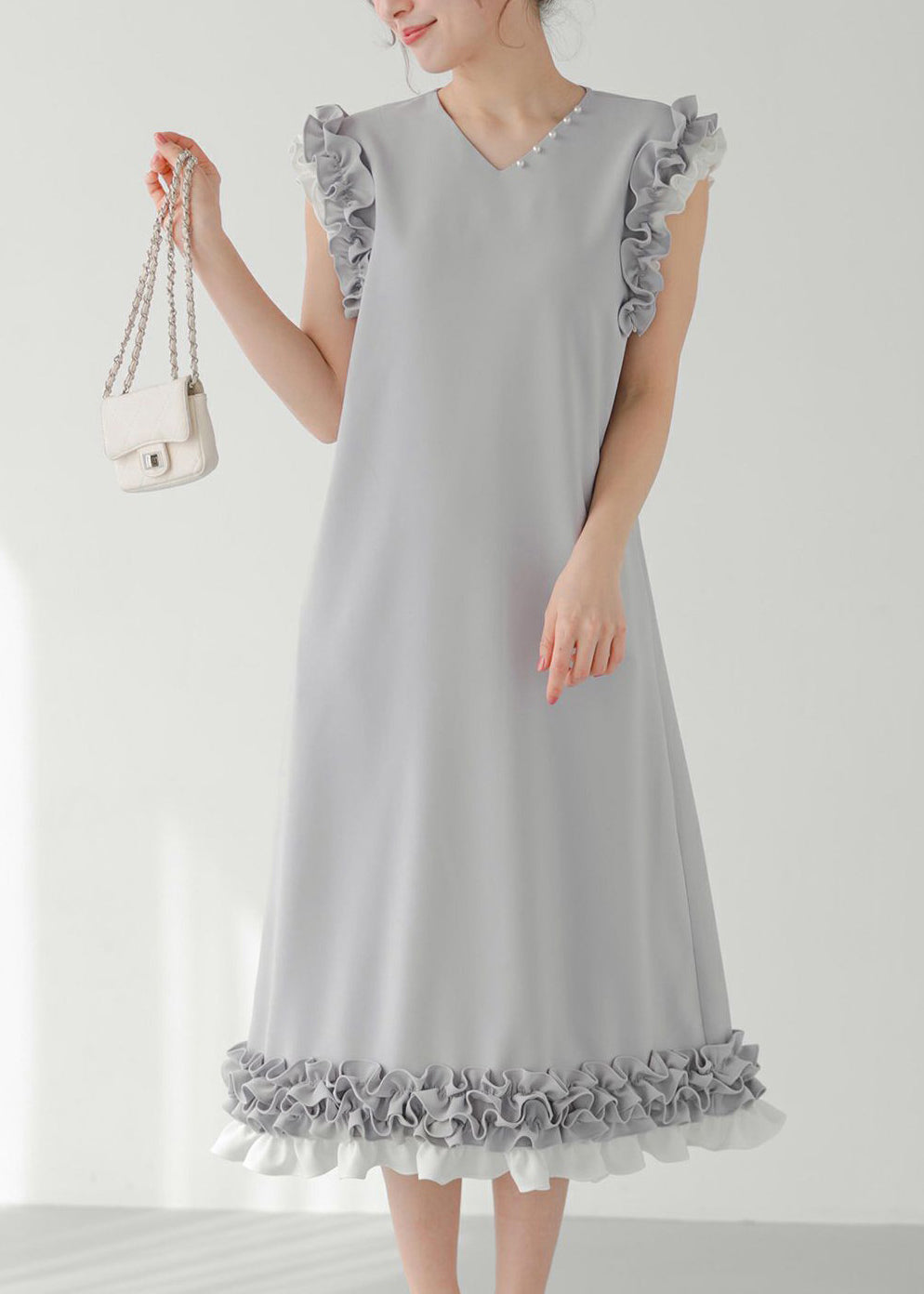 Chic Decorated Pearl Straight Ruffled Dress Patchwork Grey