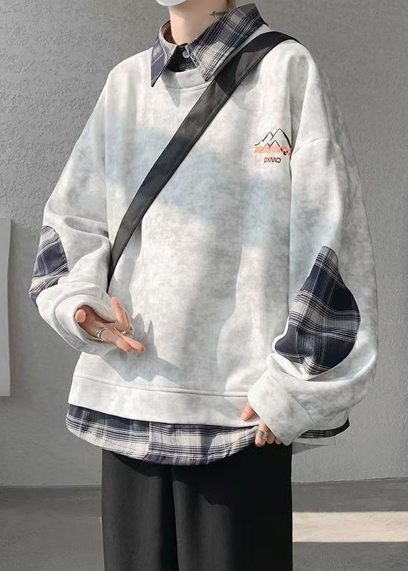 Warme Krawatte Sweatshirts Herren Chic Plaid Patchwork Grau Dye Fleece