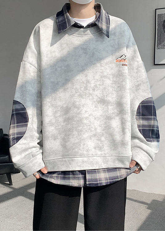 Warme Krawatte Sweatshirts Herren Chic Plaid Patchwork Grau Dye Fleece