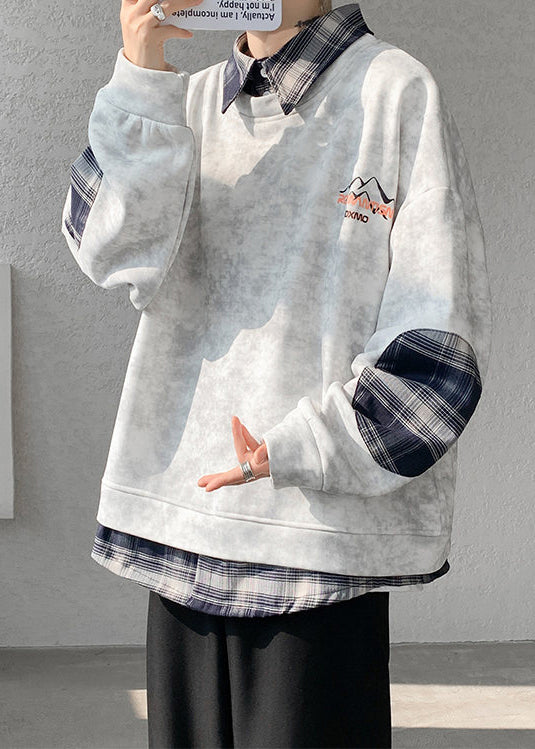 Warme Krawatte Sweatshirts Herren Chic Plaid Patchwork Grau Dye Fleece
