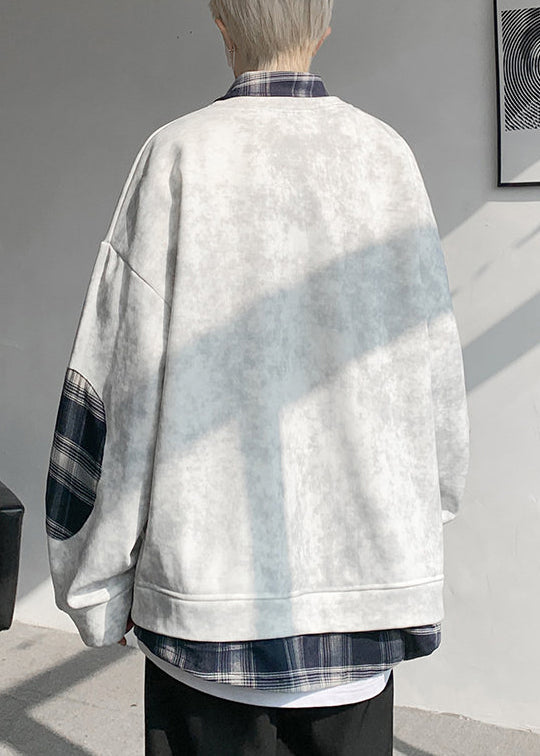 Warme Krawatte Sweatshirts Herren Chic Plaid Patchwork Grau Dye Fleece