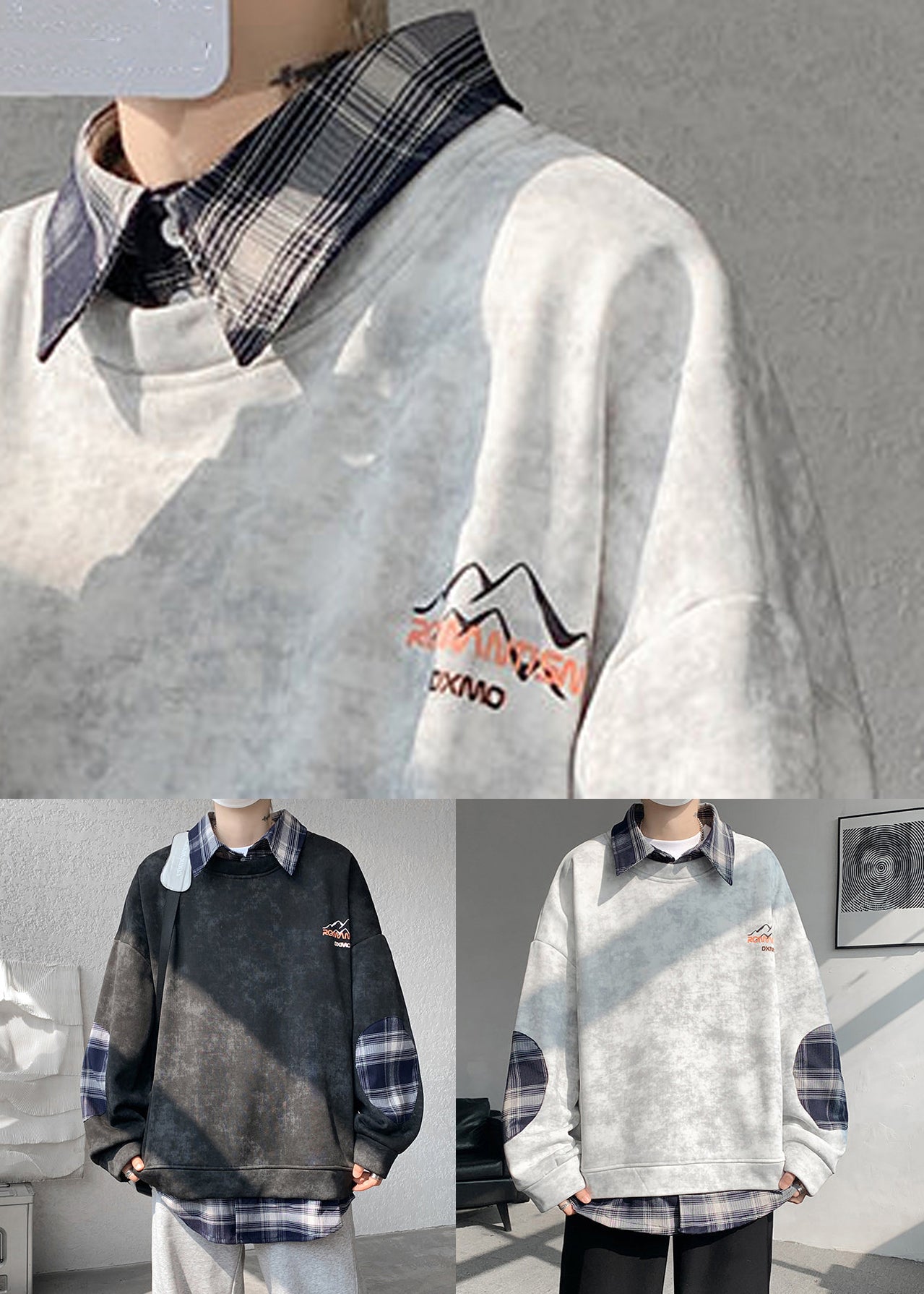 Warme Krawatte Sweatshirts Herren Chic Plaid Patchwork Grau Dye Fleece