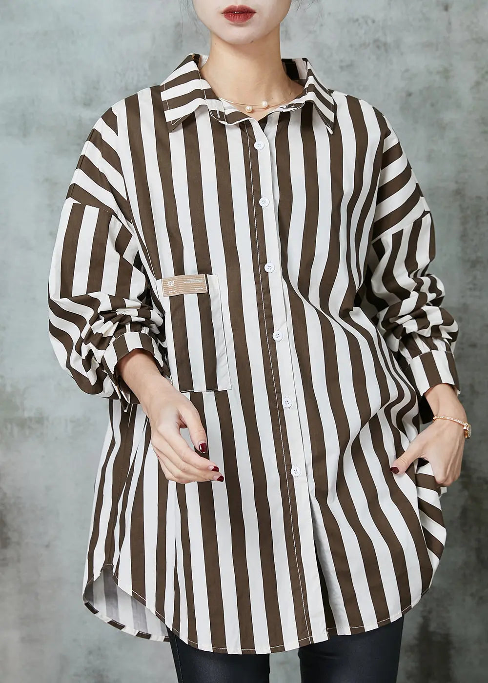 Chic Khaki Oversized Striped Cotton Shirt Tops Spring JK1001 Ada Fashion