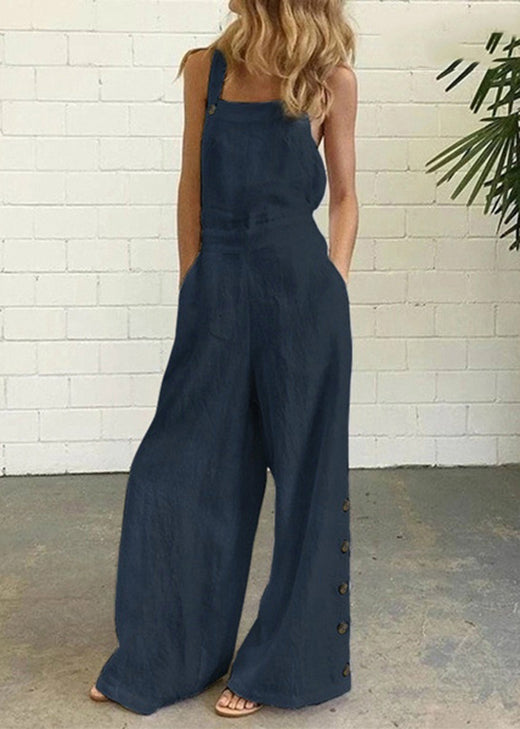 Khaki Cotton Chic Patchwork Pockets Jumpsuit Button Summer