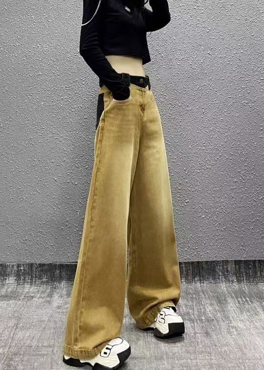 Chic Khaki Pockets Patchwork Denim Wide Leg Pants Fall RI007