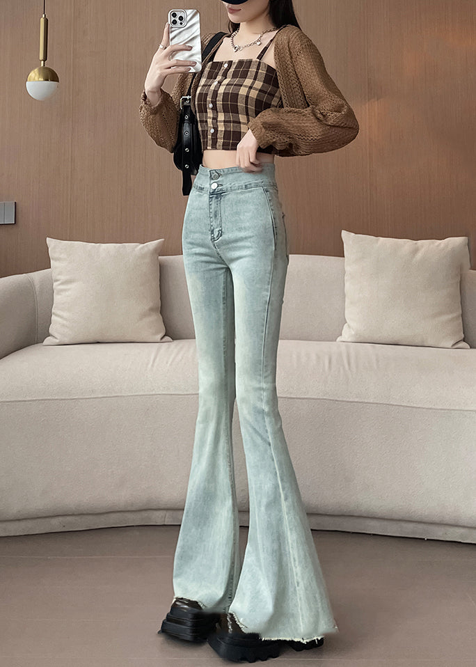Pantalon en denim bleu clair taille haute à pattes d'éléphant chic, printemps YP025