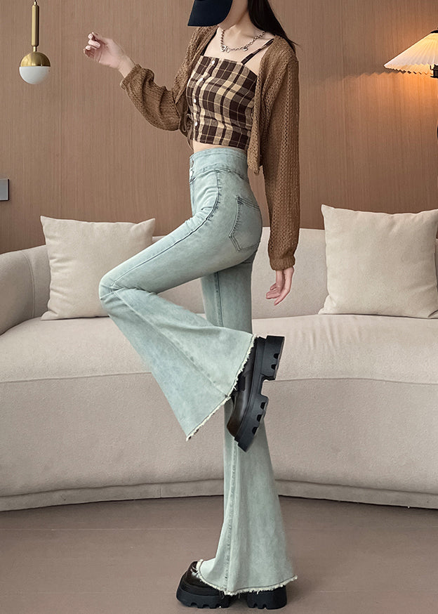 Pantalon en denim bleu clair taille haute à pattes d'éléphant chic, printemps YP025