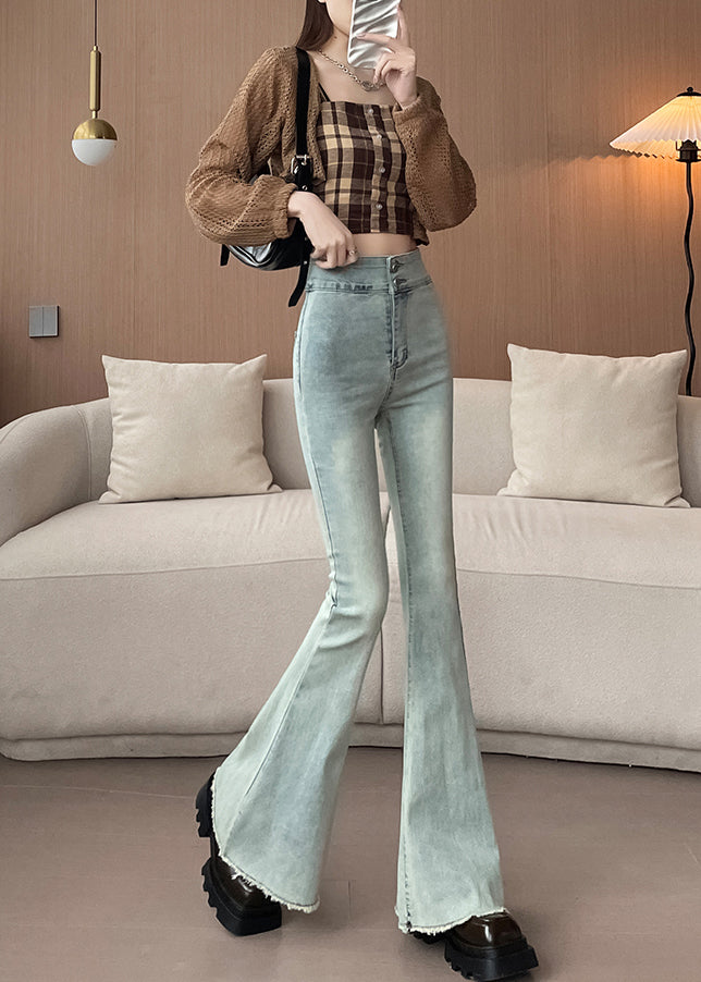 Pantalon en denim bleu clair taille haute à pattes d'éléphant chic, printemps YP025