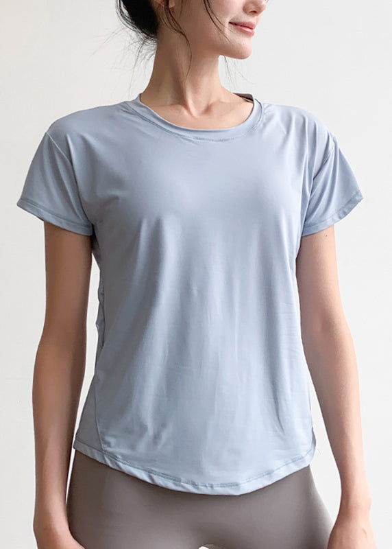 Patchwork Short Light Yoga Tulle Sleeve Blue Top Chic