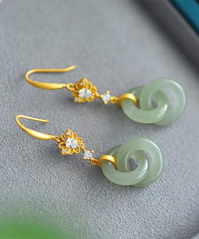 Boucles d'oreilles pendantes chics en argent sterling vert clair avec double anneau en jade et zircon GH1020