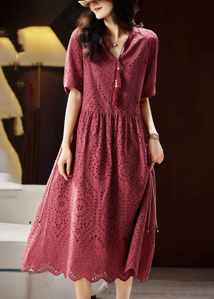 Chic Mulberry V Neck Hollow Out Sashes Cotton Maxi Dress Short Sleeve WW027