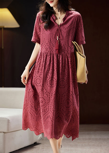 Chic Mulberry V Neck Hollow Out Sashes Cotton Maxi Dress Short Sleeve WW027