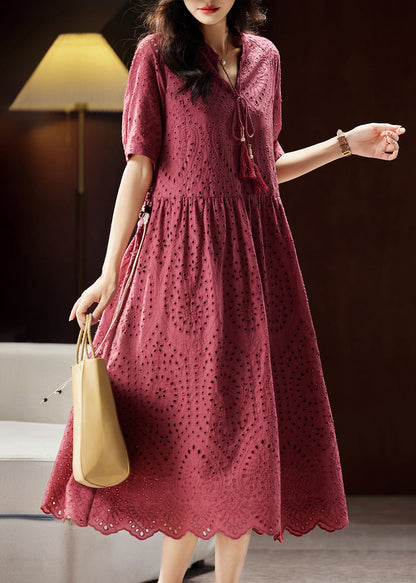 Chic Mulberry V Neck Hollow Out Sashes Cotton Maxi Dress Short Sleeve WW027