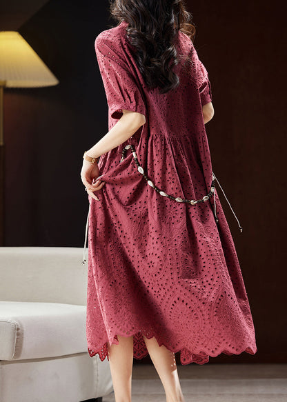 Chic Mulberry V Neck Hollow Out Sashes Cotton Maxi Dress Short Sleeve WW027