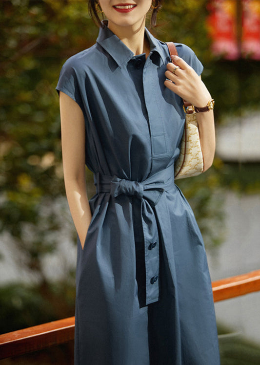 Robe longue cintrée en coton bleu marine chic pour l'été TL006