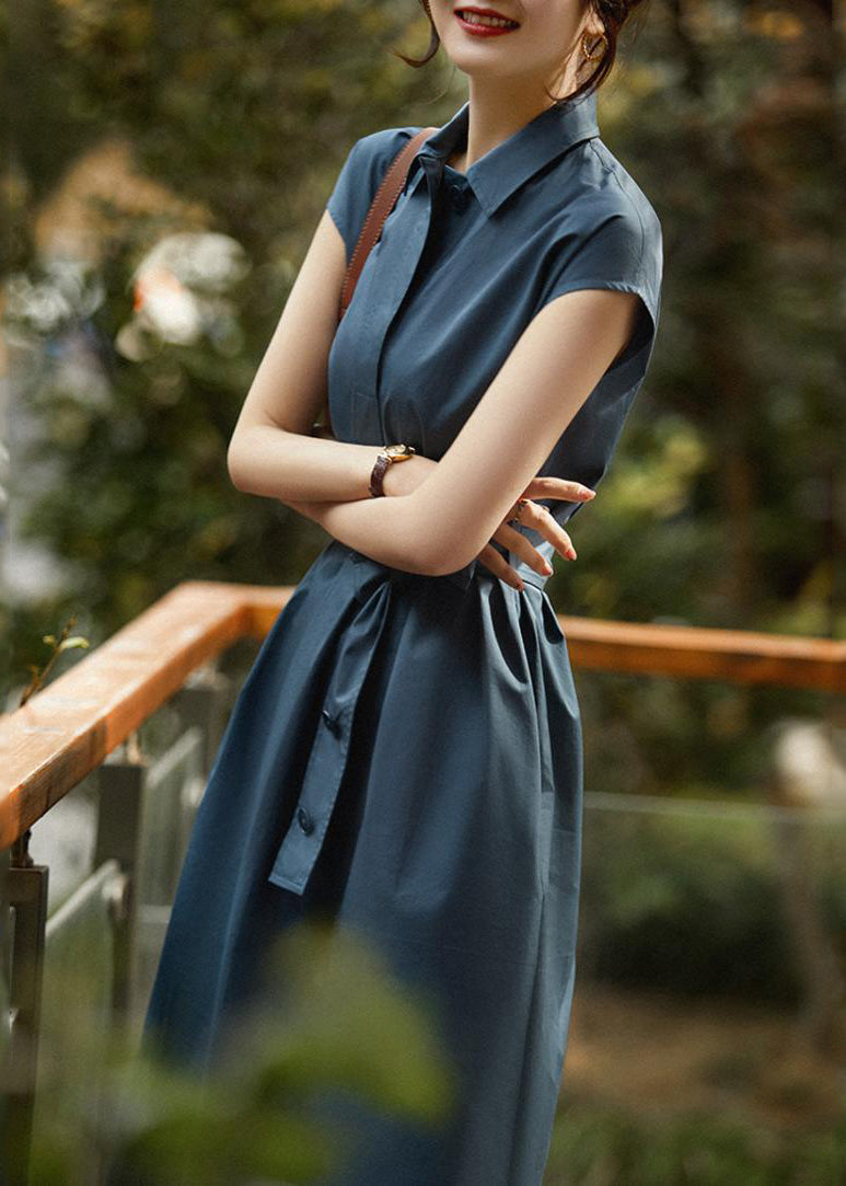 Robe longue cintrée en coton bleu marine chic pour l'été TL006