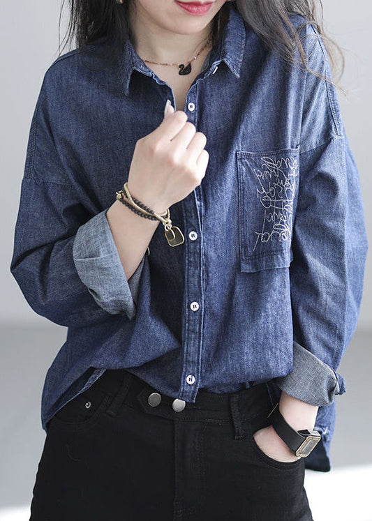 Chemise en jean brodée bleu marine chic, printemps TJ020