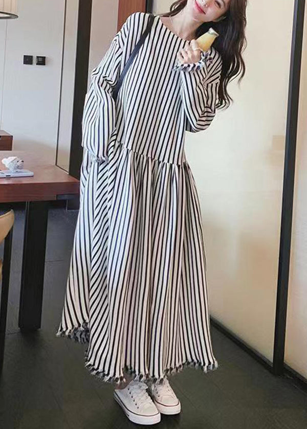 Chic O Neck Striped Patchwork Cotton Long Dresses Long Sleeve BV038