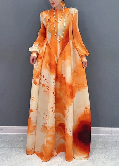 Chic Orange Stehkragen Faltig Chiffon Langes Kleid Frühling UU1060