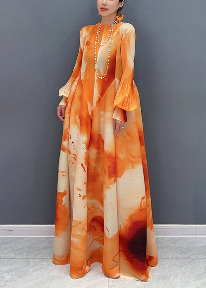 Chic Orange Stehkragen Faltig Chiffon Langes Kleid Frühling UU1060