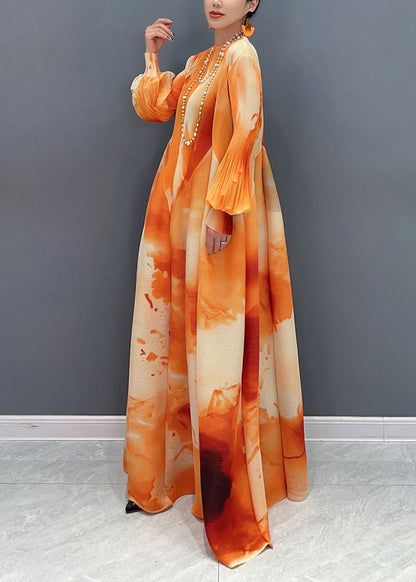 Chic Orange Stehkragen Faltig Chiffon Langes Kleid Frühling UU1060