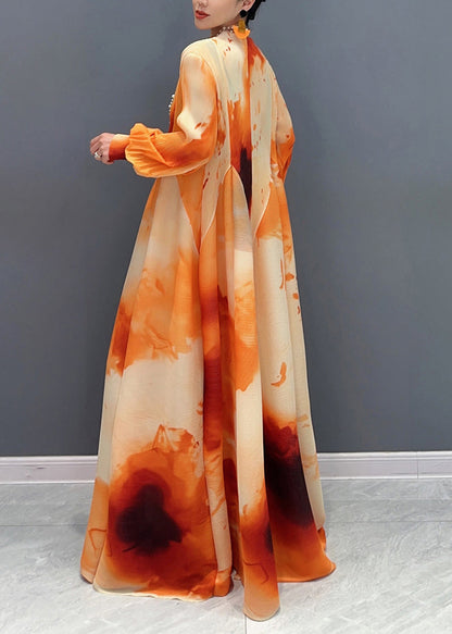 Chic Orange Stehkragen Faltig Chiffon Langes Kleid Frühling UU1060