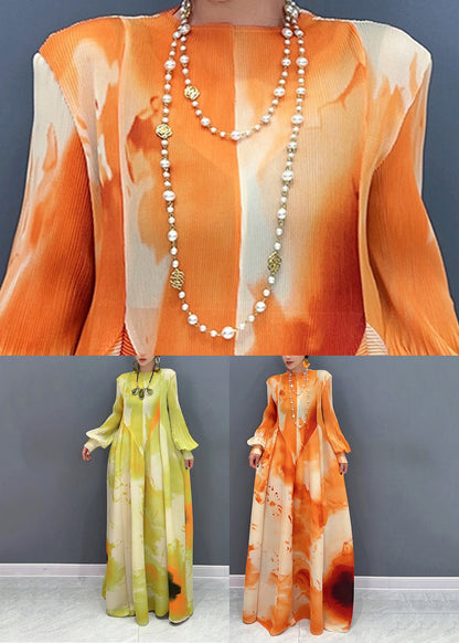 Chic Orange Stehkragen Faltig Chiffon Langes Kleid Frühling UU1060