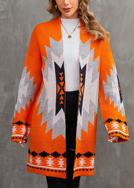 Chic Orange V Neck Patchwork Knit Cardigan Fall AE1013