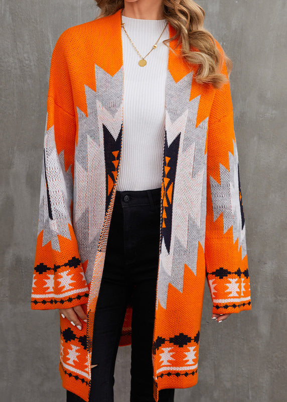 Chic Orange V Neck Patchwork Knit Cardigan Fall AE1013