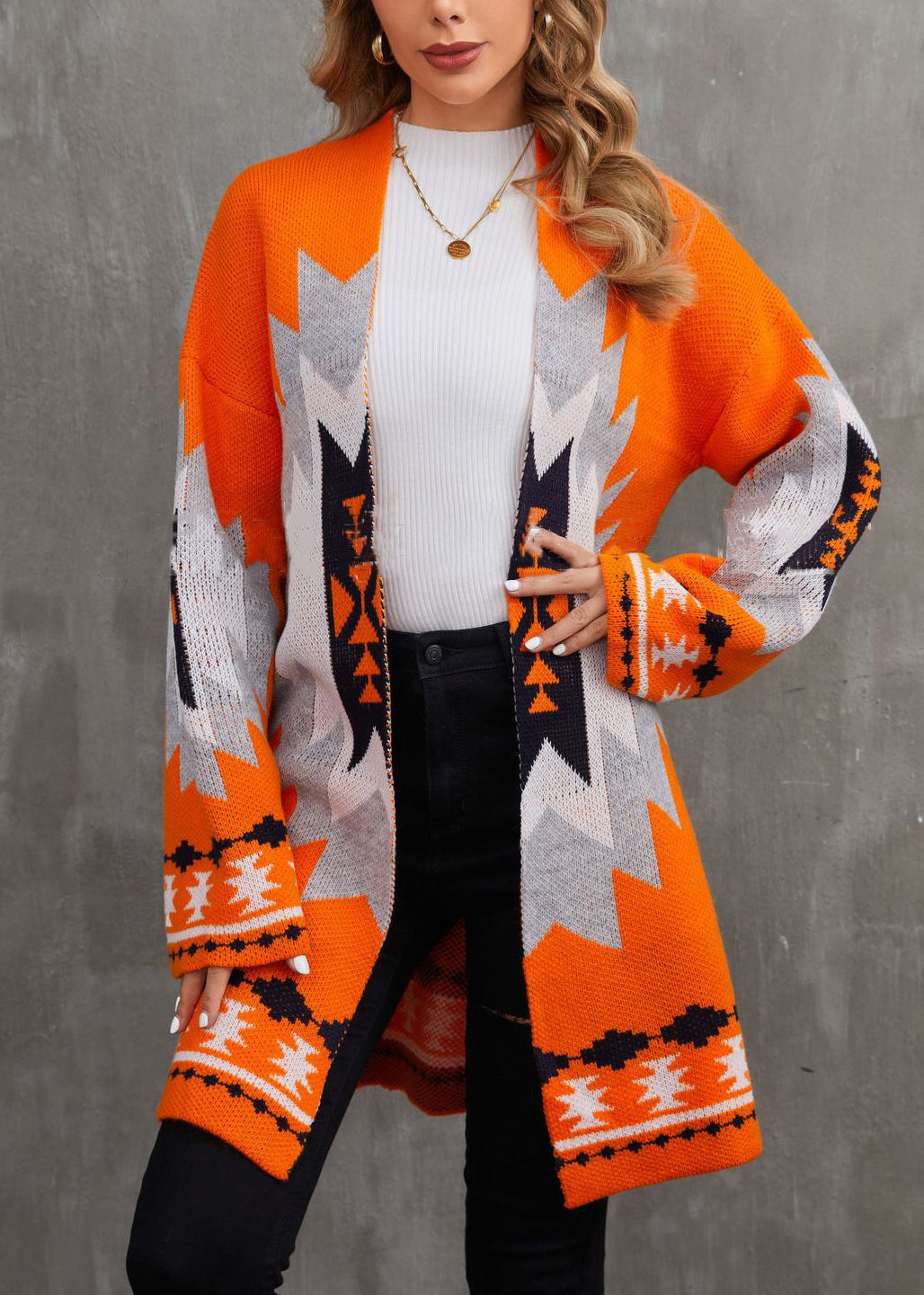 Chic Orange V Neck Patchwork Knit Cardigan Fall AE1013